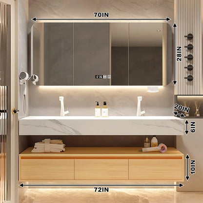 60” - 78” Floating Solid Wood Bathroom Vanity with Three Large Drawers & Smart Mirror