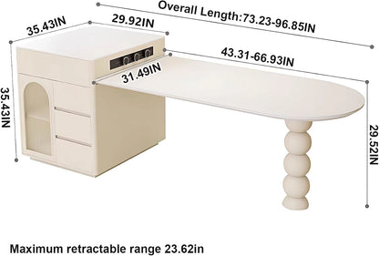 65” - 73” White Simple Kitchen Island with Various Storage Spaces & Slide Rail Socket (No Chair)