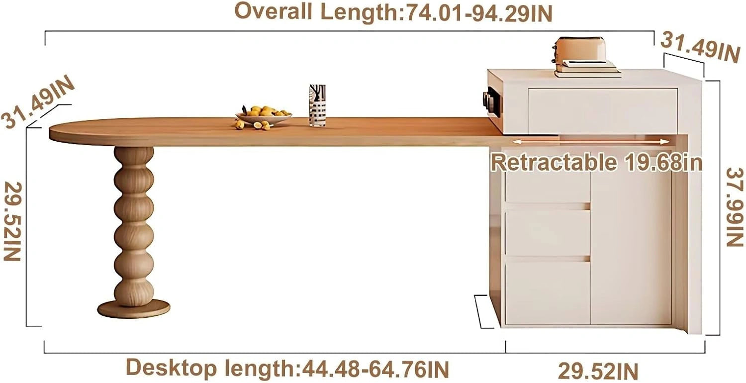 66” - 82” Modern Log Kitchen Island with Extendable Dining Table (No Chair)