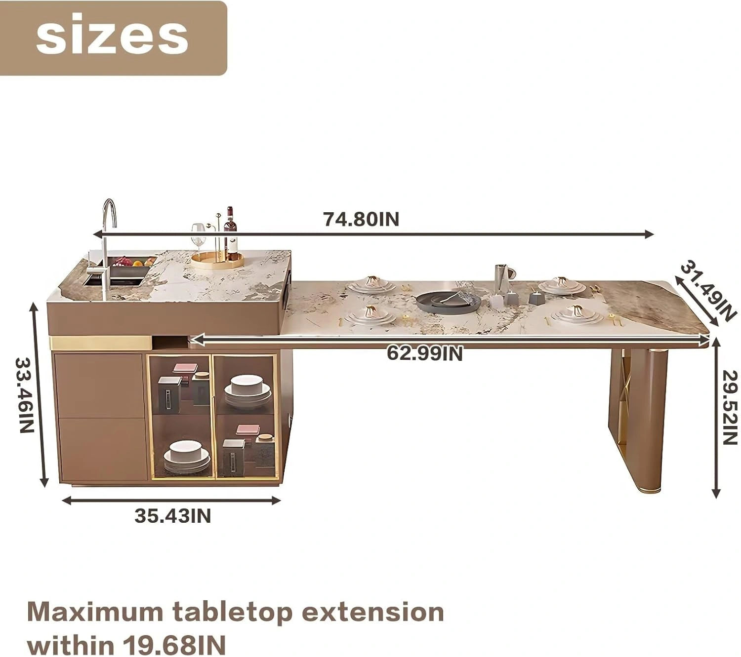 67” - 83” Elegant Modern Kitchen Island with Patterned Slate Tabletop (No Chair)