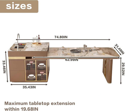 67” - 83” Elegant Modern Kitchen Island with Patterned Slate Tabletop (No Chair)