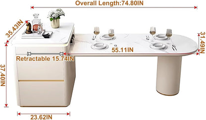 75” - 91” White Minimalist Kitchen Island Includes Cylindrical Base (No Chair)
