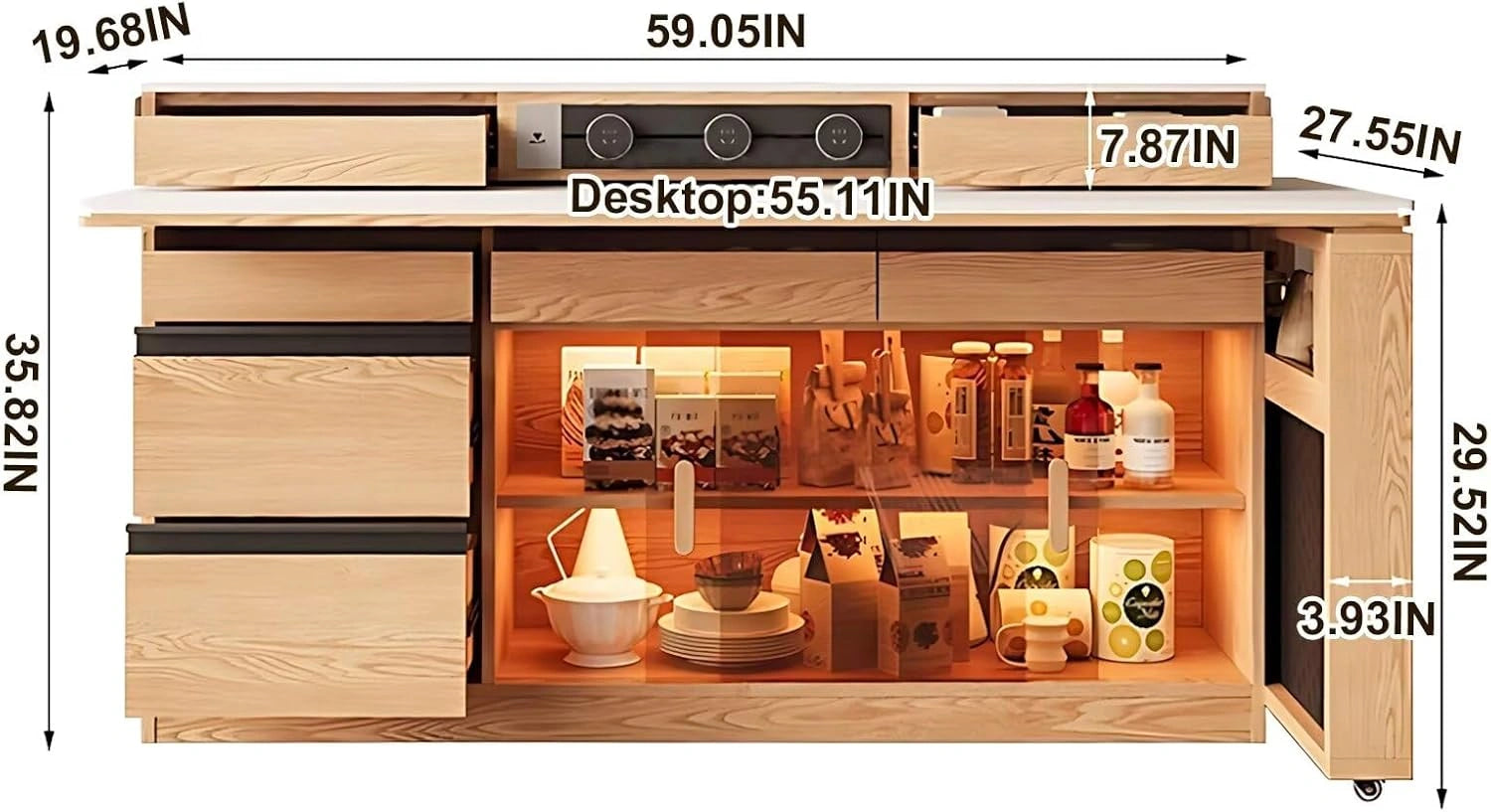 67” – 75” Exquisite Simple Kitchen Island Includes Glass Cabinet for 2-6 Person