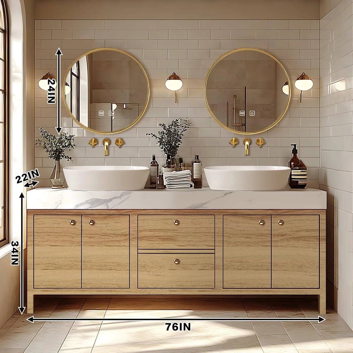 72” - 96” Modern French Bathroom Vanity Includes Round Defog Mirrors