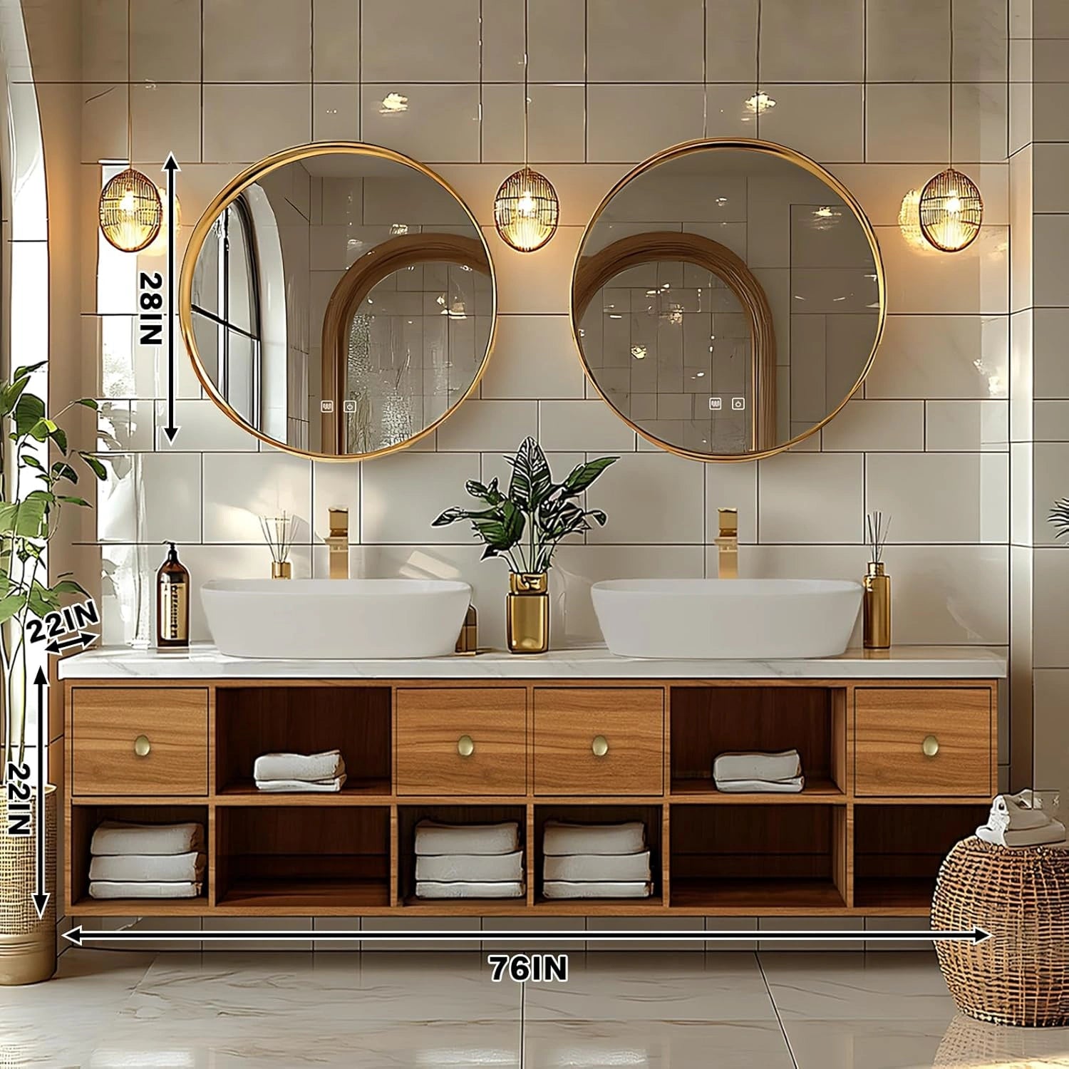 72” - 96” Practical Cozy Bathroom Vanity Includes Above Counter Sink & Round Mirror