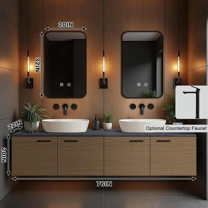 60” - 84” Brown Practical Bathroom Vanity with Black Slate Countertop and Wood Grain Cabinet