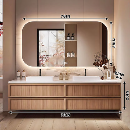 56"- 78" Floating Double Ceramic Sink With Led Lighting Smart Mirror