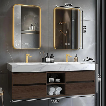 60” - 78” Brown Elegant Bathroom Vanity with Double Sinks Includes Symmetrical Drawer