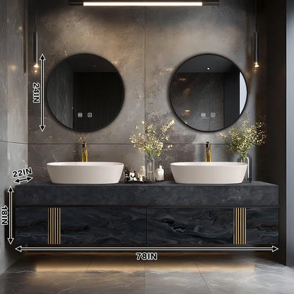 60” - 78” Sophisticated Bathroom Vanity with Symmetrical Gold Line Storage Cabinet