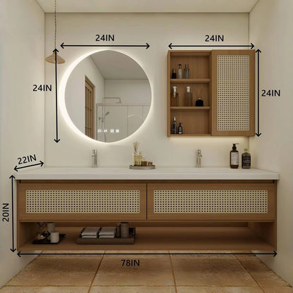 60” - 78” Japanese Simple Bathroom Vanity Includes Open Storage Rack & Hidden Handle