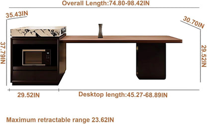 75” – 98” Black Luxury Kitchen Island Includes Unique Texture Tabletop & Glass Door Cabinet (No Chair)