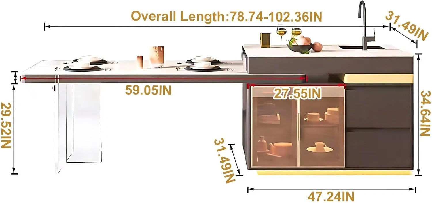 71” - 79” Modern Luxury Kitchen Island with Retractable Dining Table (No Chair)