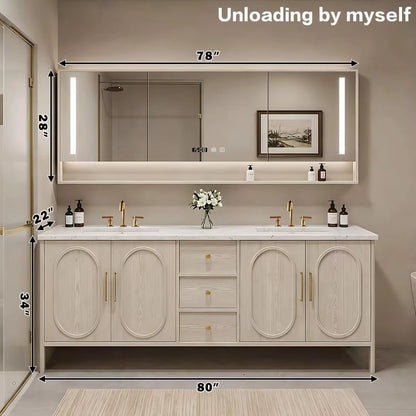 68” - 84” French Bathroom Vanity Includes Beige Wood Grain & Curved Ornamentation