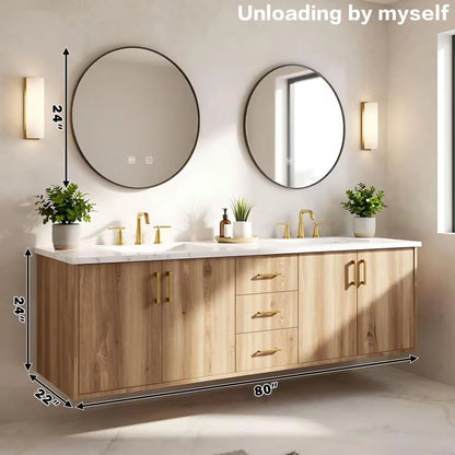60” - 84” Cozy Country Bathroom Vanity with Round Smart Mirror & Exquisite Handle