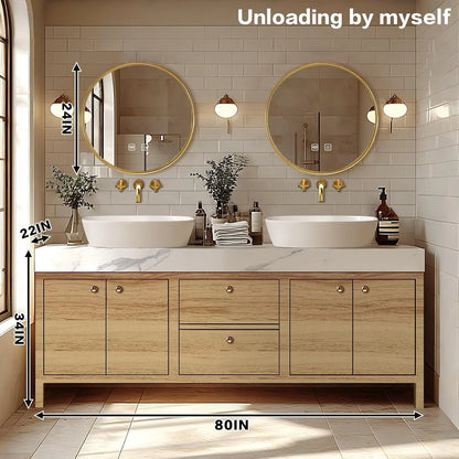 72” - 96” Modern French Bathroom Vanity Includes Round Defog Mirrors