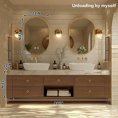 68” - 80” Retro Simple Bathroom Vanity Includes Solid Wood Cabinet & Round Mirror