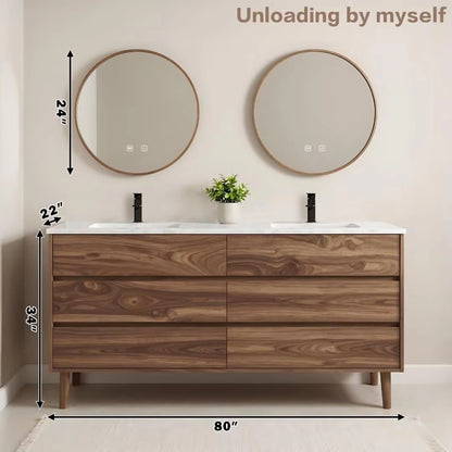 60” - 84” Free Standing Bathroom Vanity with Round Smart Defogging Mirror