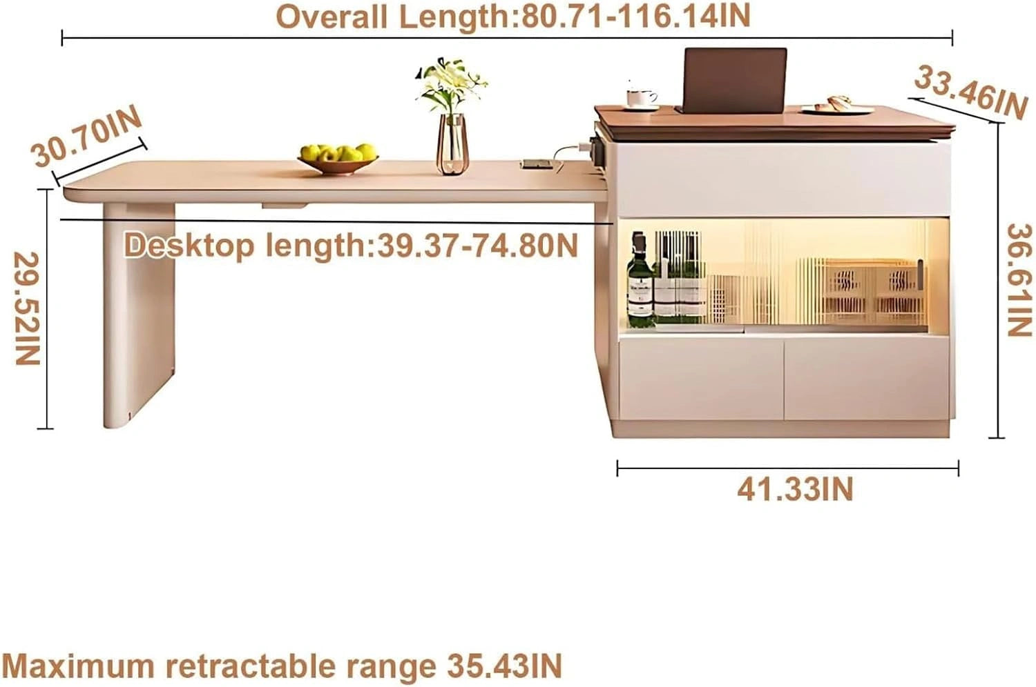 53” - 81” Simple White Kitchen Island Includes Striped Glass Cabinet & Sensor Light (No Chair)