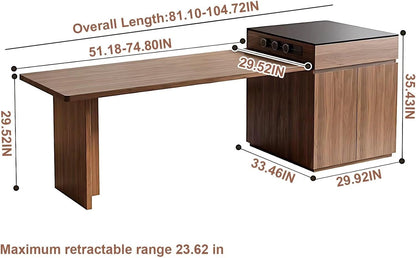 61” - 81” Brown Elegant Kitchen Island with Pull-Out Cabinet&Dining Table (No Chair)