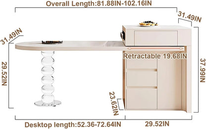 66” - 82” White Kitchen Island Includes Unique Table Leg Design & Slide Rail Socket (No Chair)
