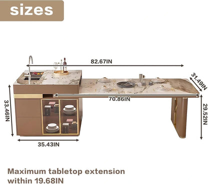 67” - 83” Elegant Modern Kitchen Island with Patterned Slate Tabletop (No Chair)