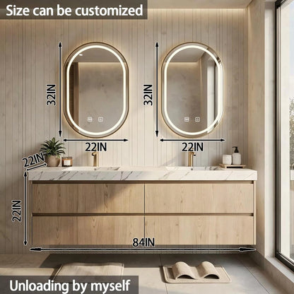 60” - 84” Floating Farmhouse Bathroom Vanity with Oval LED Anti-Fog Mirror