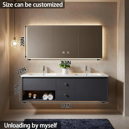 60” - 84” Grey Wall Mount Bathroom Vanity with LED Anti-Fog Mirror
