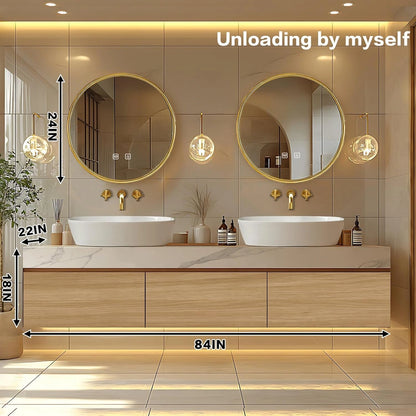 60” - 96” Modern Warm Bathroom Vanity Includes Textured Rock Slab