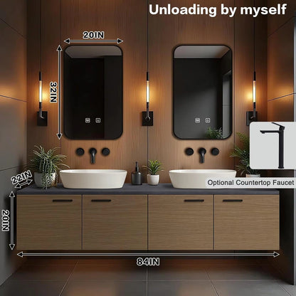 60” - 84” Brown Practical Bathroom Vanity with Black Slate Countertop and Wood Grain Cabinet