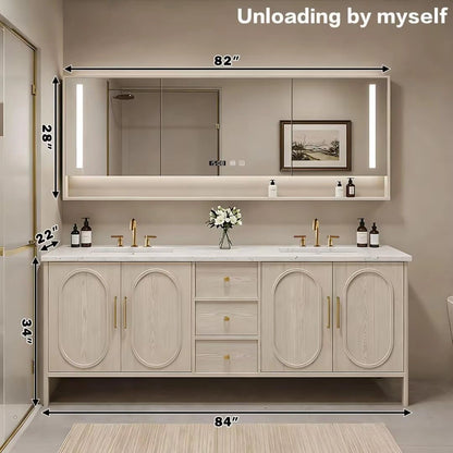 68” - 84” French Bathroom Vanity Includes Beige Wood Grain & Curved Ornamentation