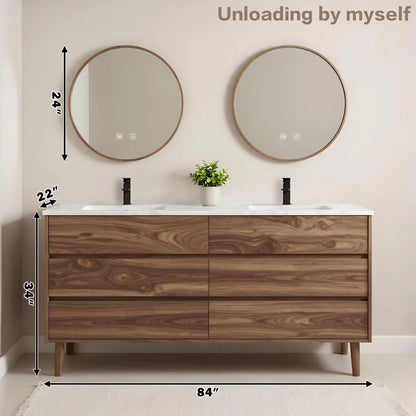 60” - 84” Free Standing Bathroom Vanity with Round Smart Defogging Mirror