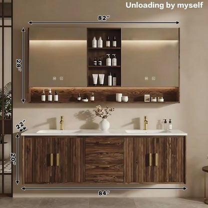 60” - 84” Luxury Floating Bathroom Vanity Includes Vertical Grain Cabinet