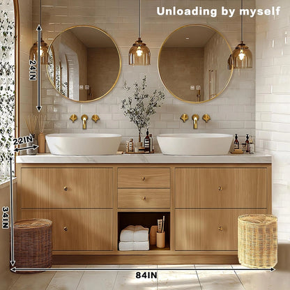 76” - 96” American Country Bathroom Vanity Includes Round Mirror & Solid Wood Cabinet