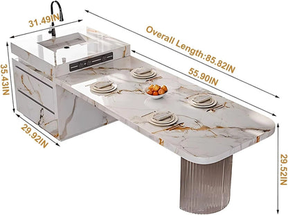 86” - 102” White Simple Kitchen Island Includes Unique Texture Design & Translucent Base (No Chair)