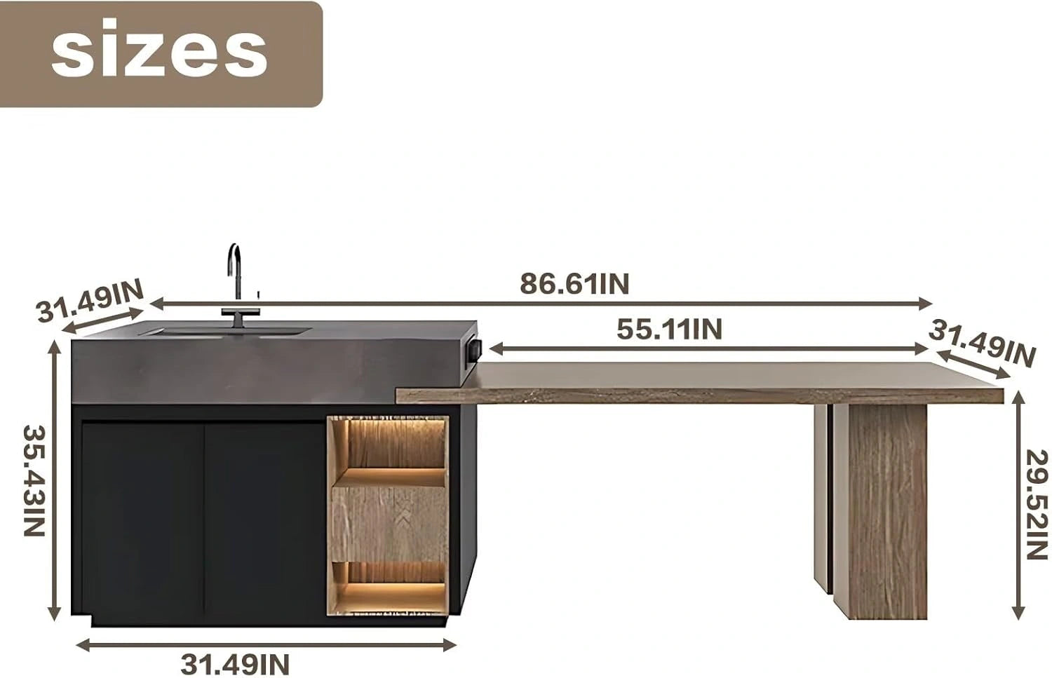 79” - 94” Unique Kitchen Island with Wheels and Storage for 2-4 Person