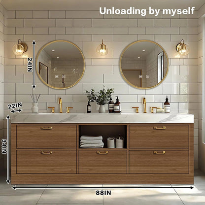 68” – 96“ Simple Freestanding Bathroom Vanity with Rock Slab Integrated Sinks