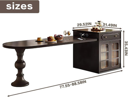 89” - 96” American Black Kitchen Island with Striped Glass Storage Door (No Chair)