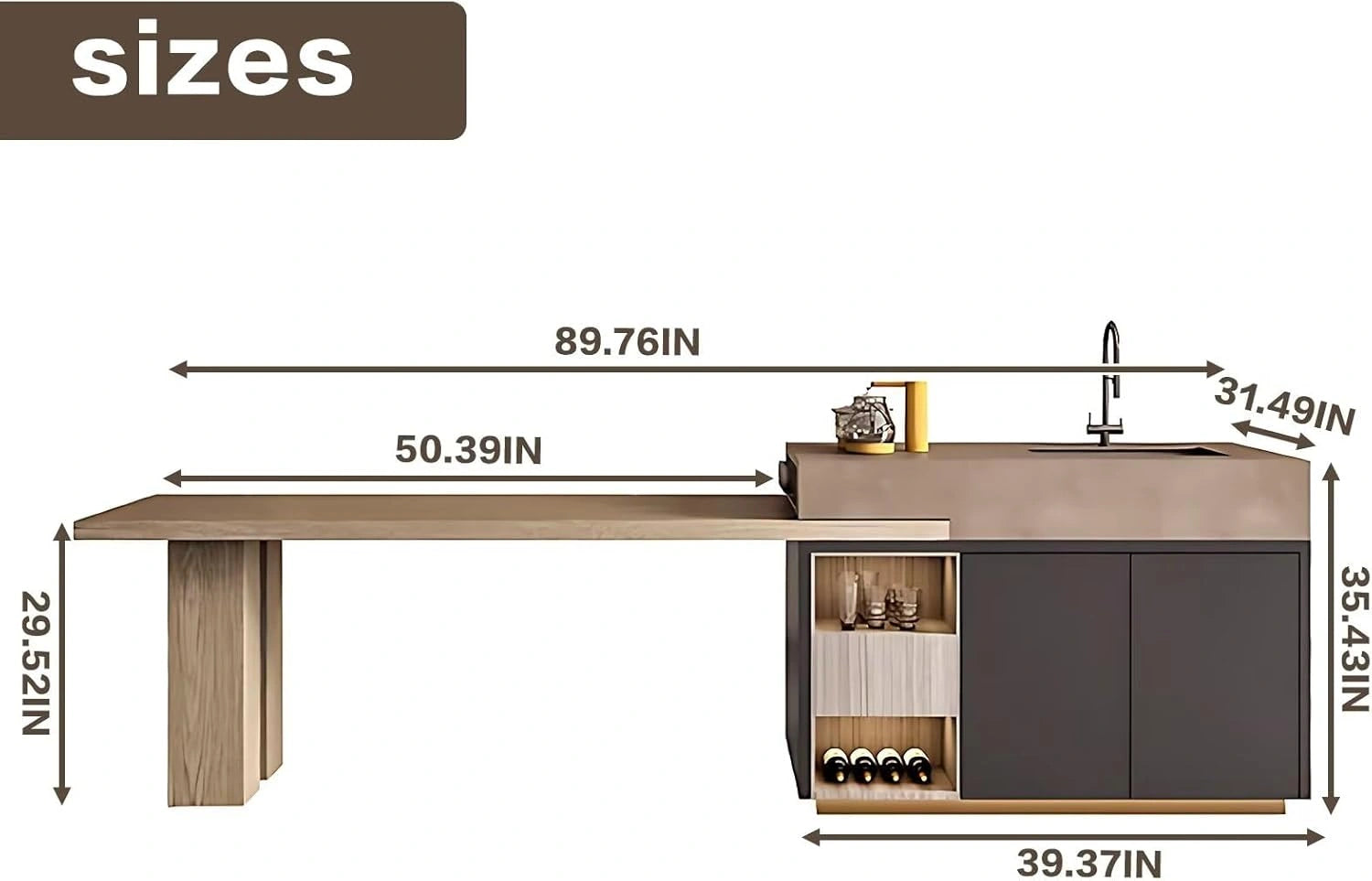 86” - 109” Solid Wood Retro Kitchen Island with Extendable Table with Open Storage Layer