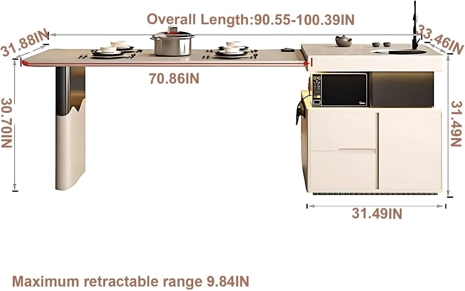 71” - 91” Flexible Kitchen Island Includes Integrated Slate Sink & Retractable Table (No Chair)
