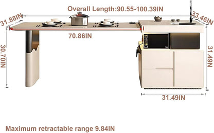 71” - 91” Flexible Kitchen Island Includes Integrated Slate Sink & Retractable Table (No Chair)