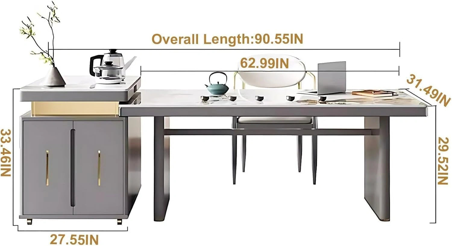 83” - 98” Light Luxury Kitchen Island with Gold Stripes Decoration (No Chair)