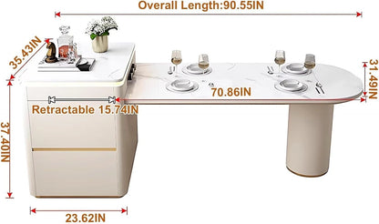75” - 91” White Minimalist Kitchen Island Includes Cylindrical Base (No Chair)
