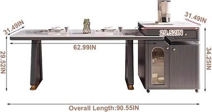 91” - 98” Grey Modern Kitchen Island Includes Trapezoidal Base & Glass Cabinet Door (No Chair)