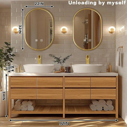 60” – 96” Natural Bathroom Vanity with Hidden Door Handle & Double Sinks