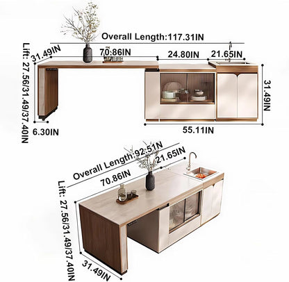 67” – 93” Simple Beige Kitchen Island Includes Retractable and Liftable Design (No Chair)
