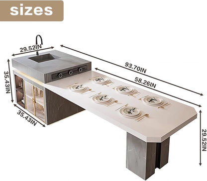 94” - 109” Unique White Kitchen Island Includes Metal Frame Visual Storage (No Chair)