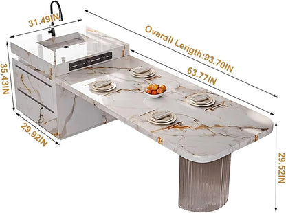 86” - 102” White Simple Kitchen Island Includes Unique Texture Design & Translucent Base (No Chair)