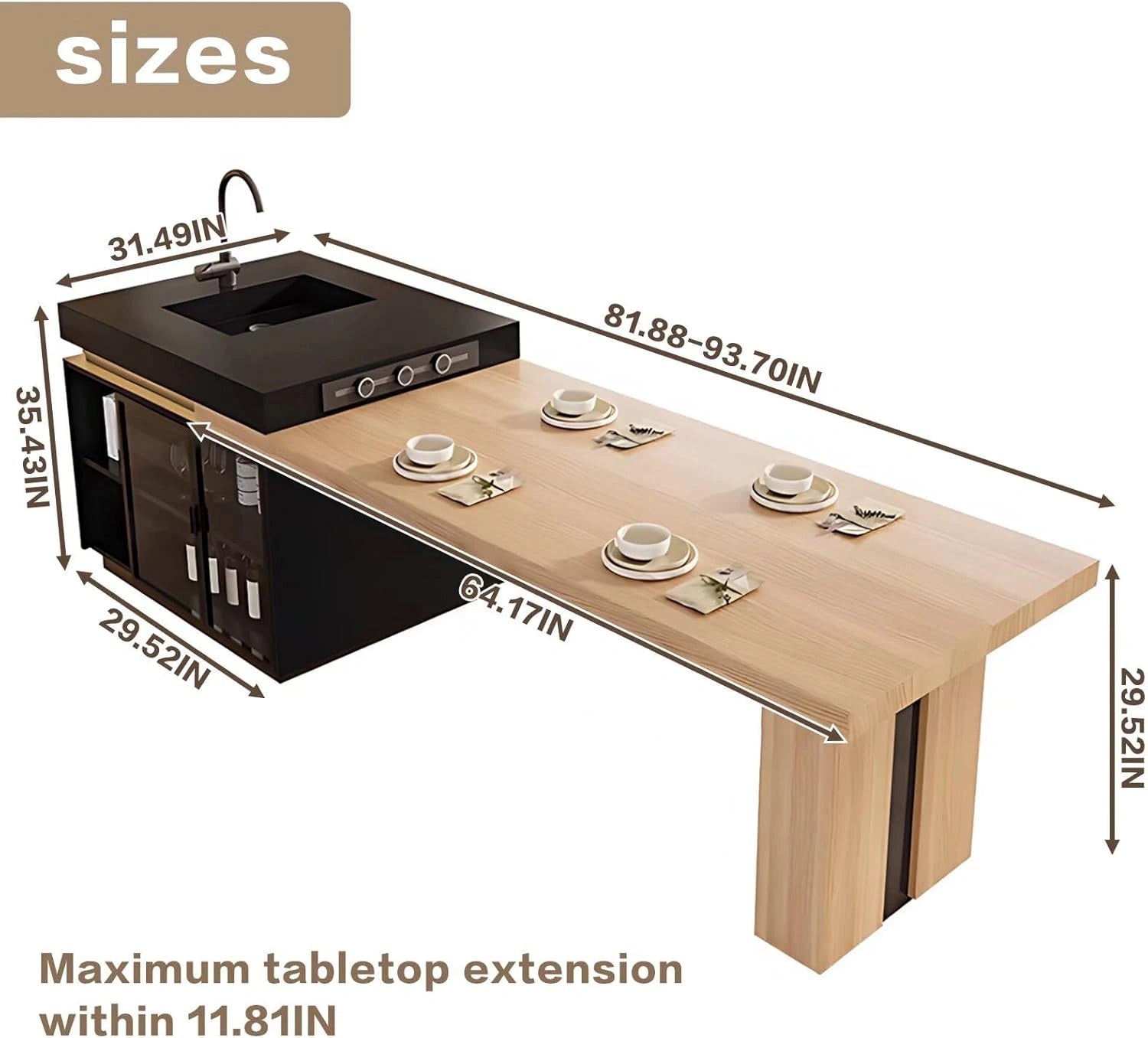 94” - 102” Solid Wood Kitchen Island Includes Visualization and Open Storage (No Chair)