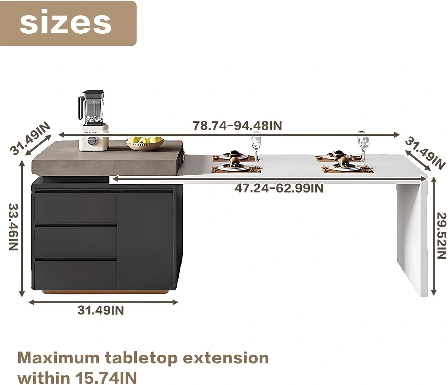 87” - 102” Simple Modern Kitchen Island with Atmosphere Lights & Storage (No Chair)