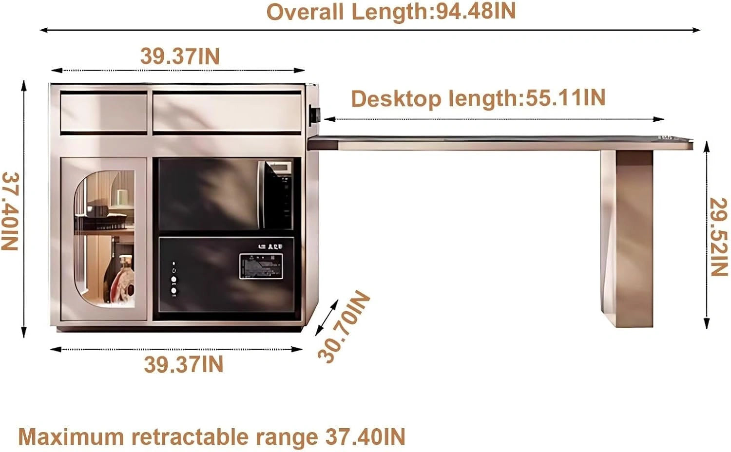 87” - 102” Grey Minimalist Kitchen Island Includes Striped Glass Cabinet (No Chair)